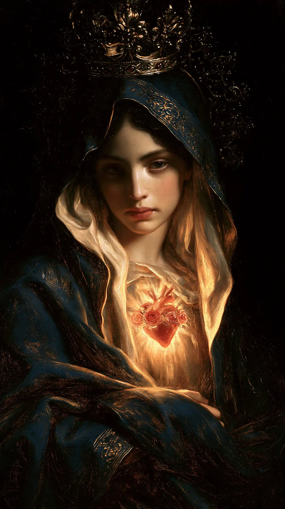 the Immaculate Heart of Mary in black and gold in Black and Gold style, portrait Christian artwork no. 3