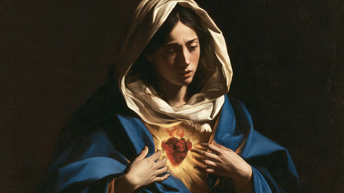 the Immaculate Heart of Mary in dramatic chiaroscuro in Caravaggio Tenebrism style, landscape Christian artwork no. 12