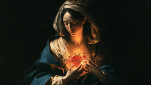 the Immaculate Heart of Mary in dramatic chiaroscuro in Caravaggio Tenebrism style, landscape Christian artwork no. 16