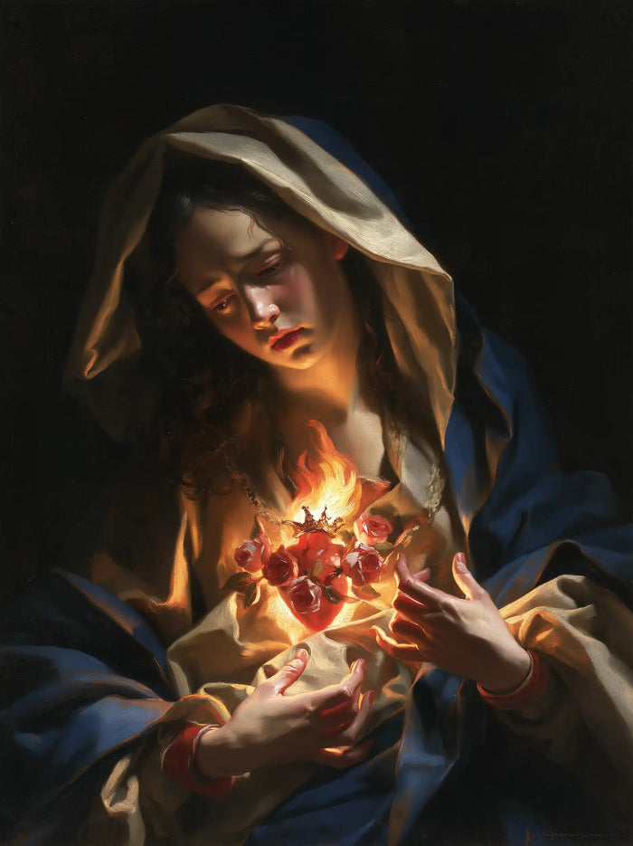 The Immaculate Heart of Mary — Open Fingers Beneath Luminous Roses