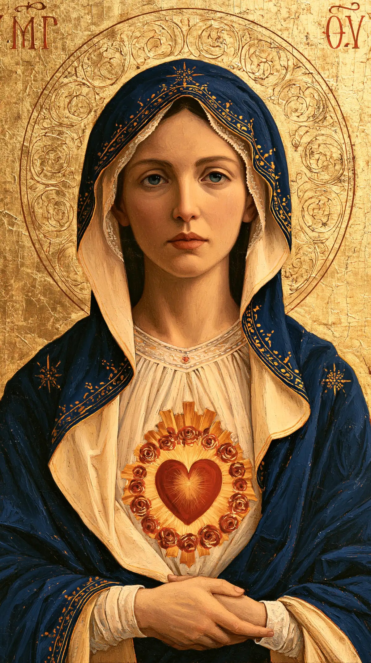 The Immaculate Heart of Mary — The Heart in Bloom Against Engraved Gold