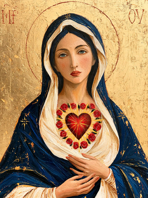 the Immaculate Heart of Mary in a contemporary Byzantine icon in Contemporary Byzantine style, portrait Christian artwork no. 9