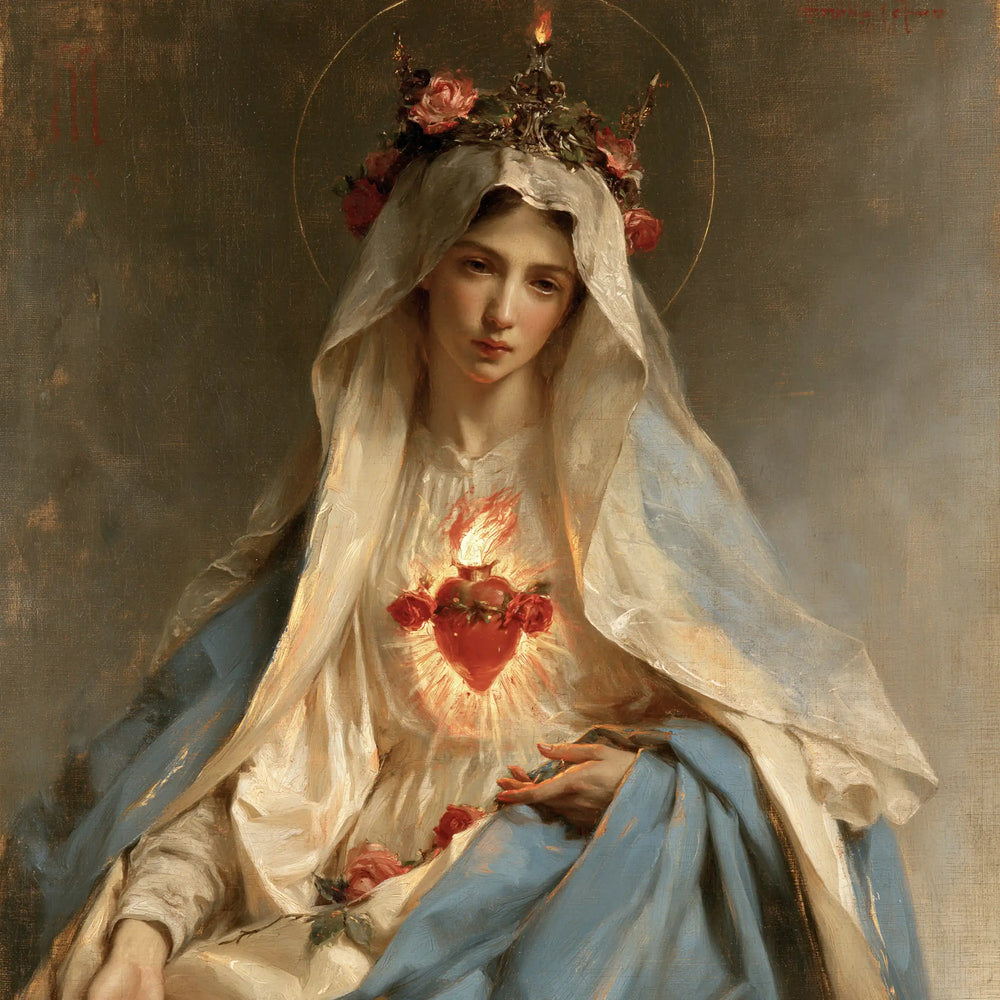 Mary with the Immaculate Heart as the central symbol in The Heart as Central Symbol style, square Christian artwork no. 1