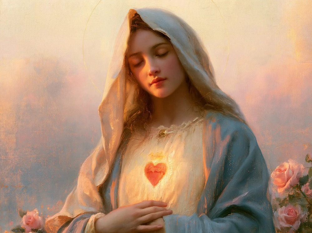 the Immaculate Heart of Mary at dawn in The Immaculate Heart at Dawn style, landscape Christian artwork no. 4
