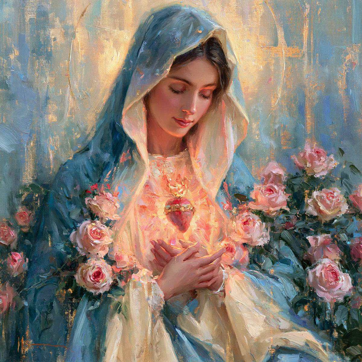 the Immaculate Heart of Mary in an impressionist atmosphere in Impressionist style, square Christian artwork no. 3