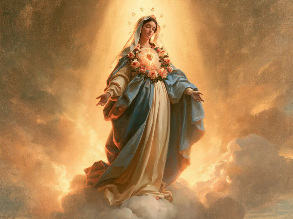 Mary upon the clouds with her Immaculate Heart in Mary upon the Clouds with the Immaculate Heart style, landscape Christian artwork no. 5