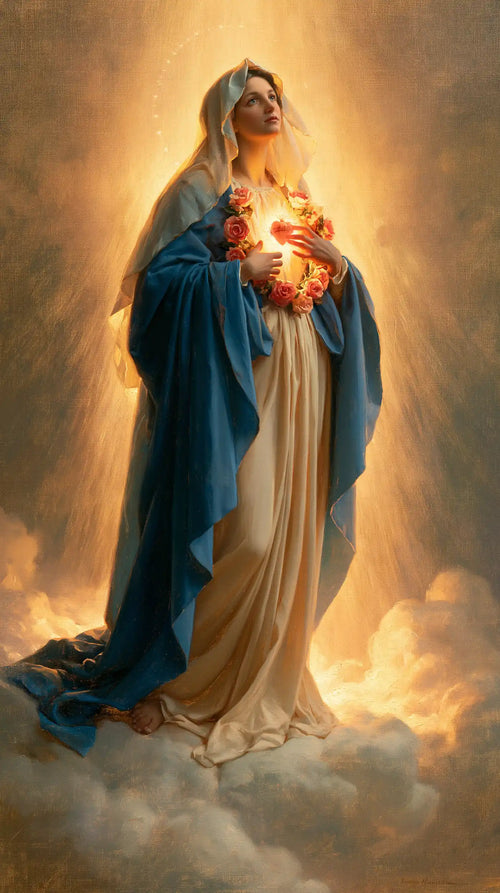 Mary upon the clouds with her Immaculate Heart in Mary upon the Clouds with the Immaculate Heart style, portrait Christian artwork no. 3