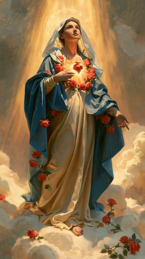 Mary upon the clouds with her Immaculate Heart in Mary upon the Clouds with the Immaculate Heart style, portrait Christian artwork no. 11