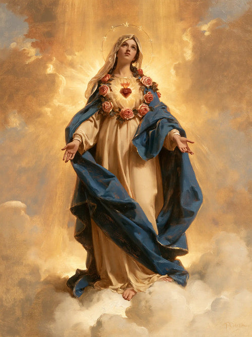 Mary upon the clouds with her Immaculate Heart in Mary upon the Clouds with the Immaculate Heart style, portrait Christian artwork no. 20