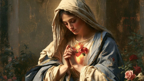 Mary praying with her Immaculate Heart in Mary in Prayer with the Immaculate Heart style, landscape Christian artwork no. 14