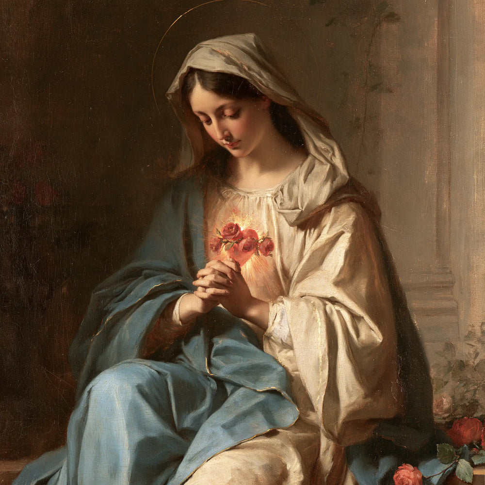 Mary praying with her Immaculate Heart in Mary in Prayer with the Immaculate Heart style, square Christian artwork no. 1