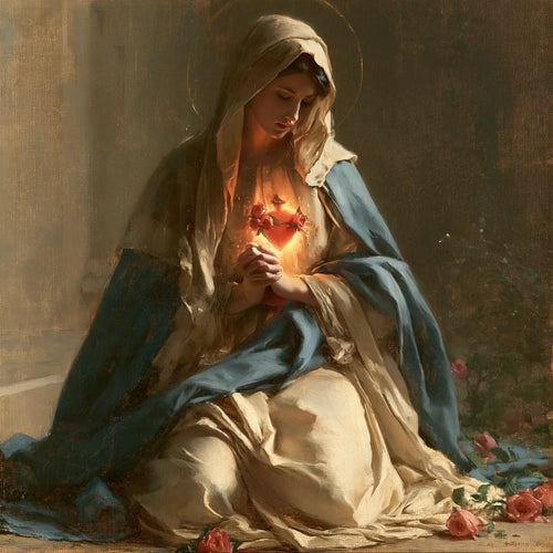 Mary praying with her Immaculate Heart in Mary in Prayer with the Immaculate Heart style, square Christian artwork no. 6