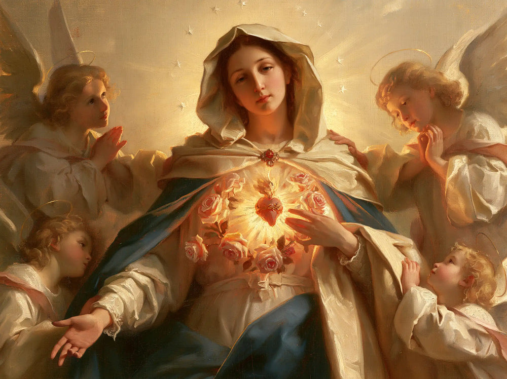 the Immaculate Heart of Mary surrounded by angels in Mary Surrounded by Angels style, landscape Christian artwork no. 6