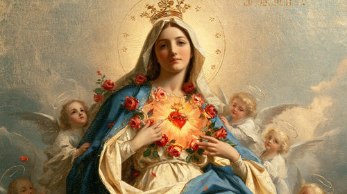 the Immaculate Heart of Mary surrounded by angels in Mary Surrounded by Angels style, landscape Christian artwork no. 15