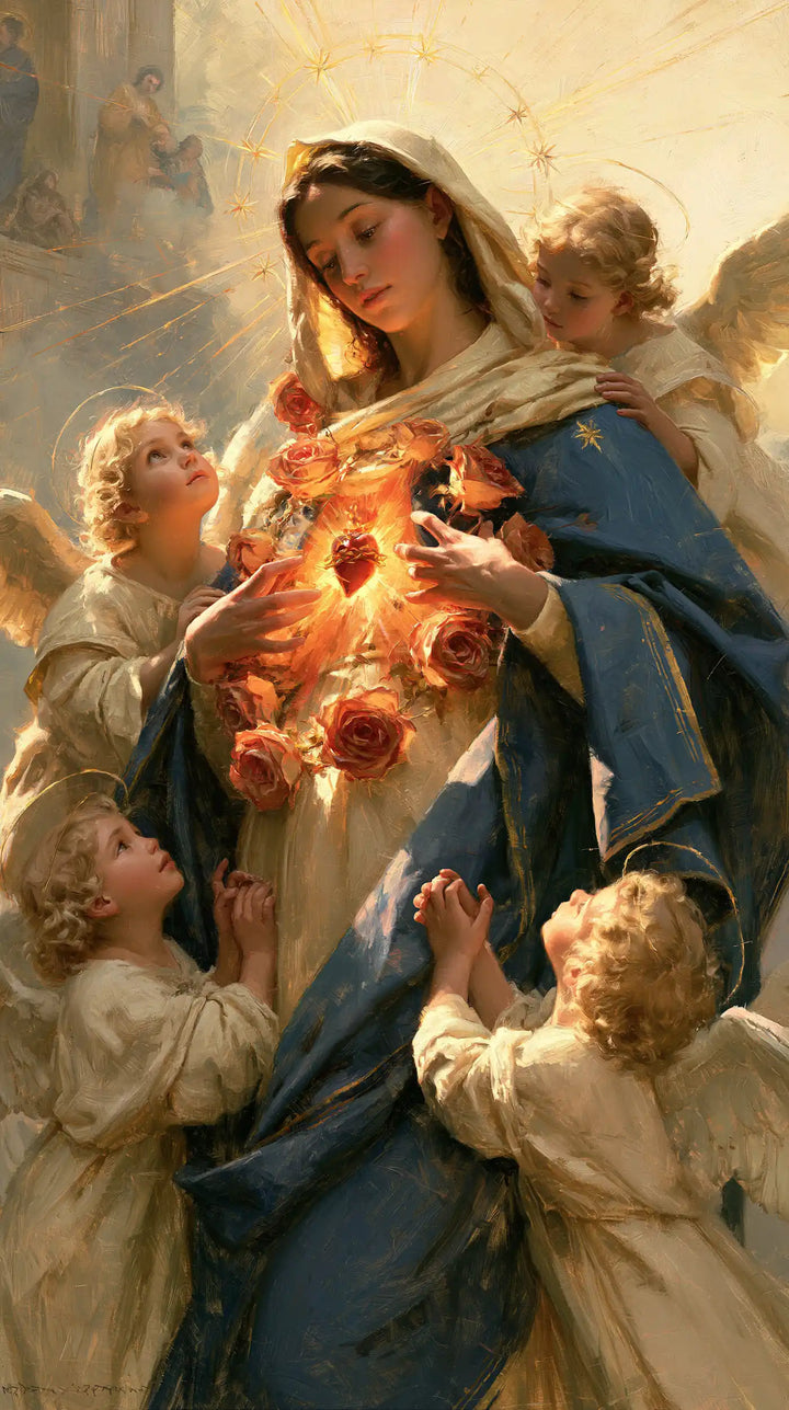 The Immaculate Heart of Mary — Angels Looking Up to the Fiery Heart