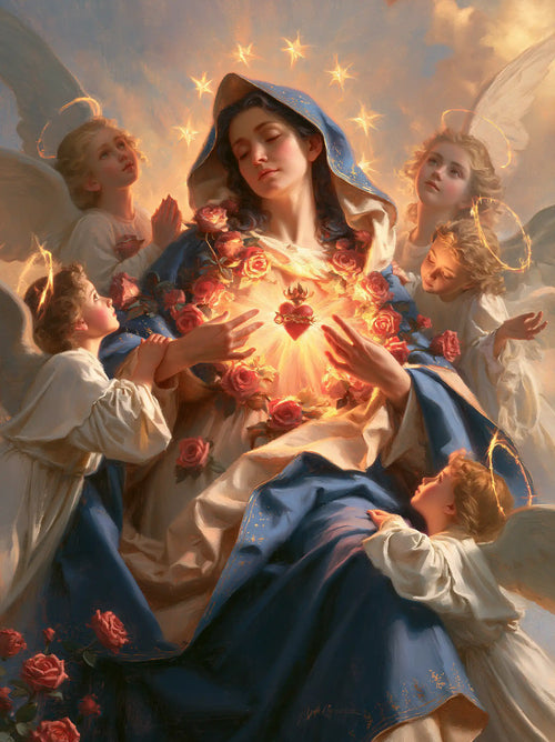 the Immaculate Heart of Mary surrounded by angels in Mary Surrounded by Angels style, portrait Christian artwork no. 17