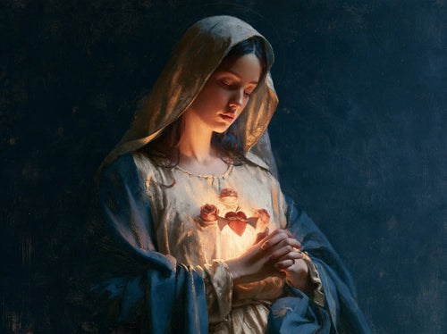 the Immaculate Heart of Mary in midnight-blue chiaroscuro in Midnight Blue Chiaroscuro style, landscape Christian artwork no. 9