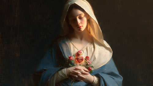 the Immaculate Heart of Mary in midnight-blue chiaroscuro in Midnight Blue Chiaroscuro style, landscape Christian artwork no. 14