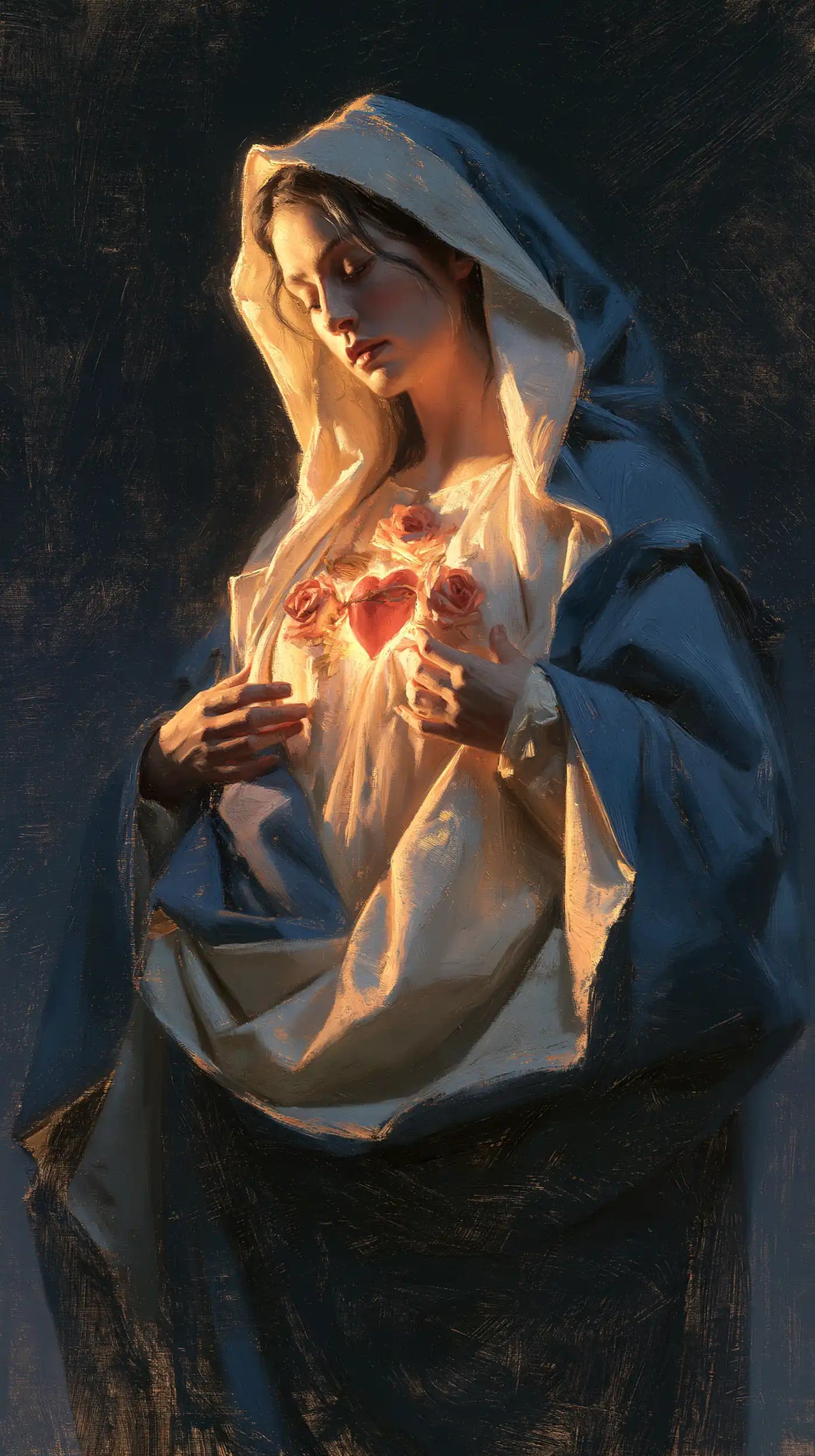 the Immaculate Heart of Mary in midnight-blue chiaroscuro in Midnight Blue Chiaroscuro style, portrait Christian artwork no. 1