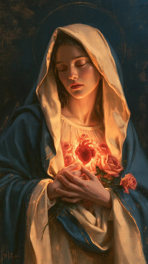 the Immaculate Heart of Mary in midnight-blue chiaroscuro in Midnight Blue Chiaroscuro style, portrait Christian artwork no. 6