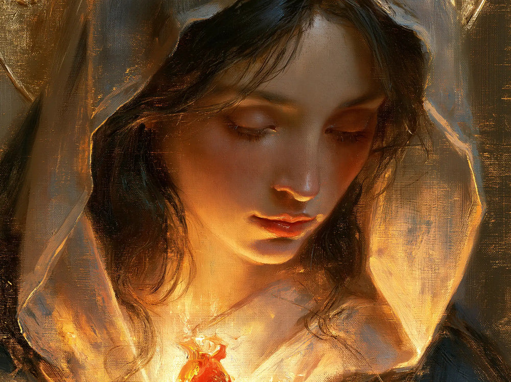 a close portrait of Mary with her Immaculate Heart in Psychological Close-Up style, landscape Christian artwork no. 3