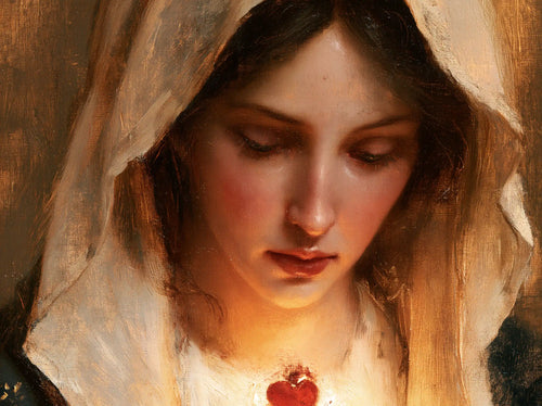 a close portrait of Mary with her Immaculate Heart in Psychological Close-Up style, landscape Christian artwork no. 5