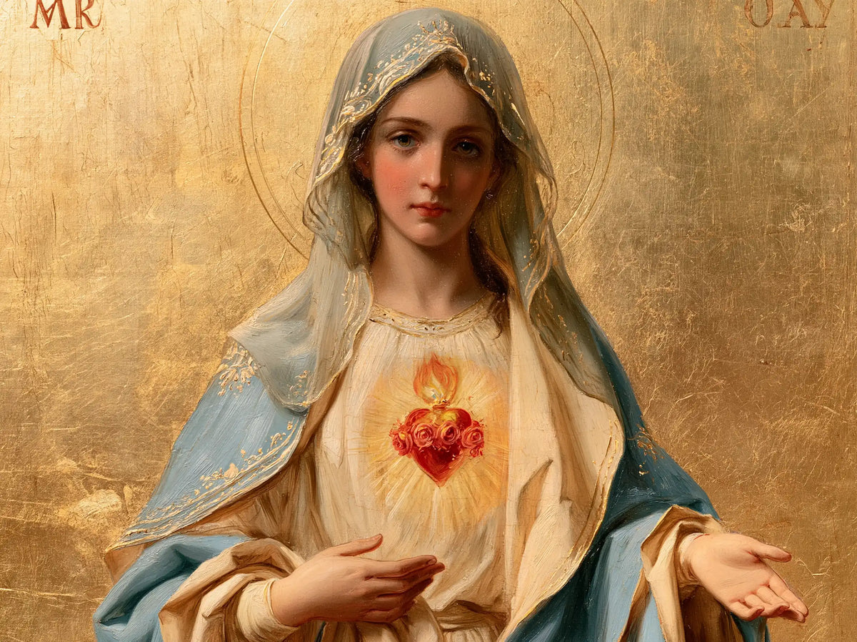 Mary revealing her Immaculate Heart in Sacred Gold style, landscape Christian artwork no. 9