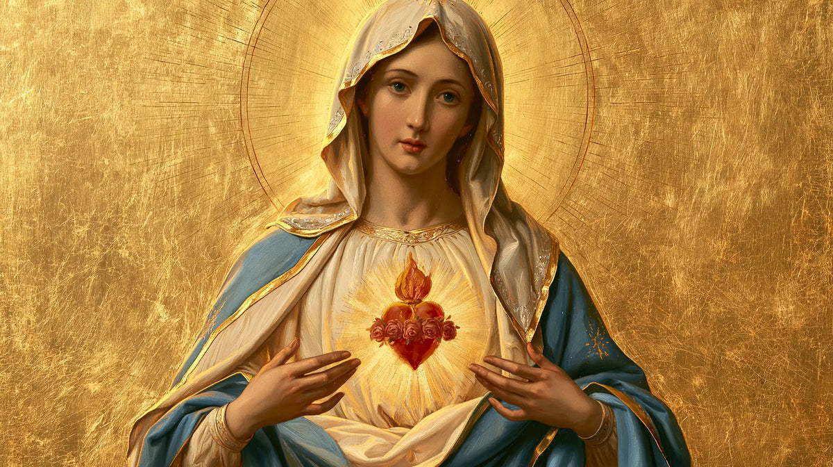 Mary revealing her Immaculate Heart in Sacred Gold style, landscape Christian artwork no. 20