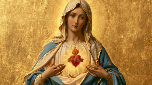 Mary revealing her Immaculate Heart in Sacred Gold style, landscape Christian artwork no. 20