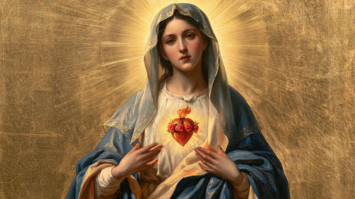 Mary revealing her Immaculate Heart in Sacred Gold style, landscape Christian artwork no. 21