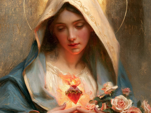 Mary with her Immaculate Heart in sacred maternal tenderness in Sacred Maternal Tenderness style, landscape Christian artwork no. 9