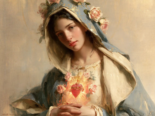 Mary with her Immaculate Heart in sacred maternal tenderness in Sacred Maternal Tenderness style, landscape Christian artwork no. 10