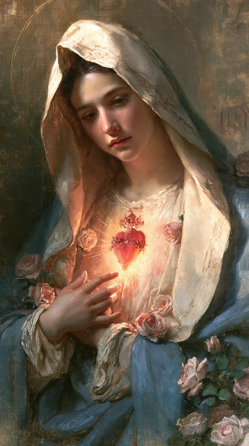 Mary with her Immaculate Heart in sacred maternal tenderness in Sacred Maternal Tenderness style, portrait Christian artwork no. 7