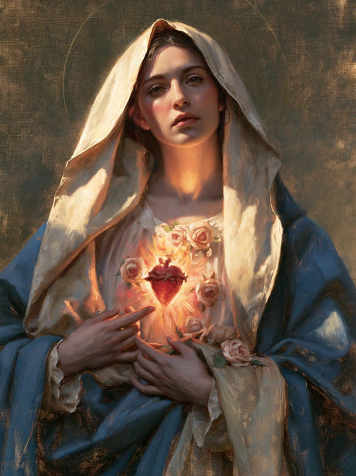 Mary with her Immaculate Heart in sacred maternal tenderness in Sacred Maternal Tenderness style, portrait Christian artwork no. 22