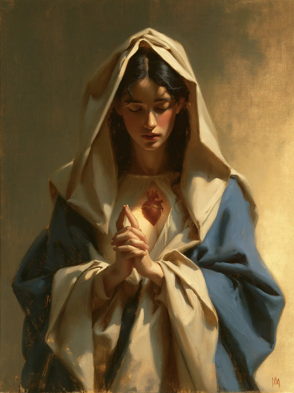 the Immaculate Heart of Mary in devotional silence in The Silence of Devotion style, portrait Christian artwork no. 10
