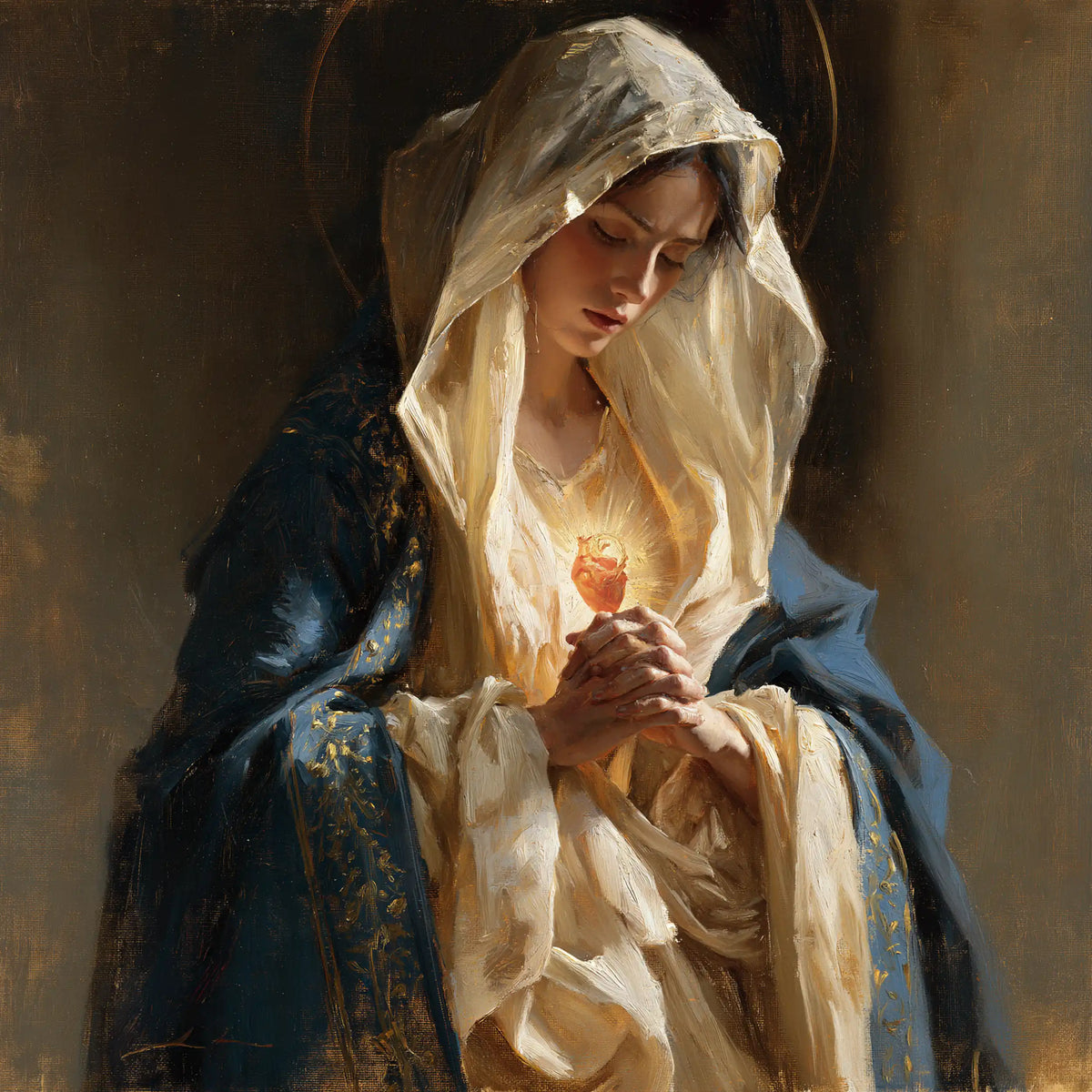 the Immaculate Heart of Mary in devotional silence in The Silence of Devotion style, square Christian artwork no. 2