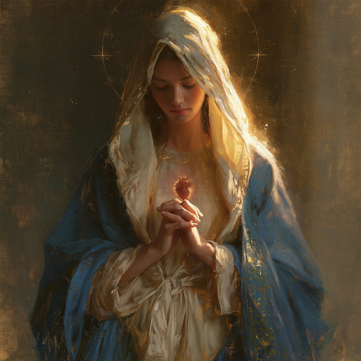 the Immaculate Heart of Mary in devotional silence in The Silence of Devotion style, square Christian artwork no. 4