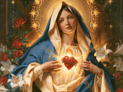 the Immaculate Heart of Mary in a symbolist composition in Symbolist style, landscape Christian artwork no. 1