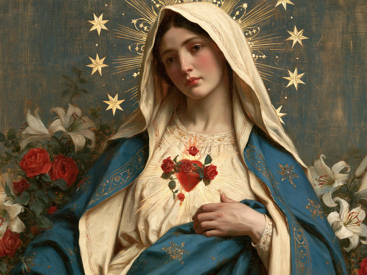 the Immaculate Heart of Mary in a symbolist composition in Symbolist style, landscape Christian artwork no. 2