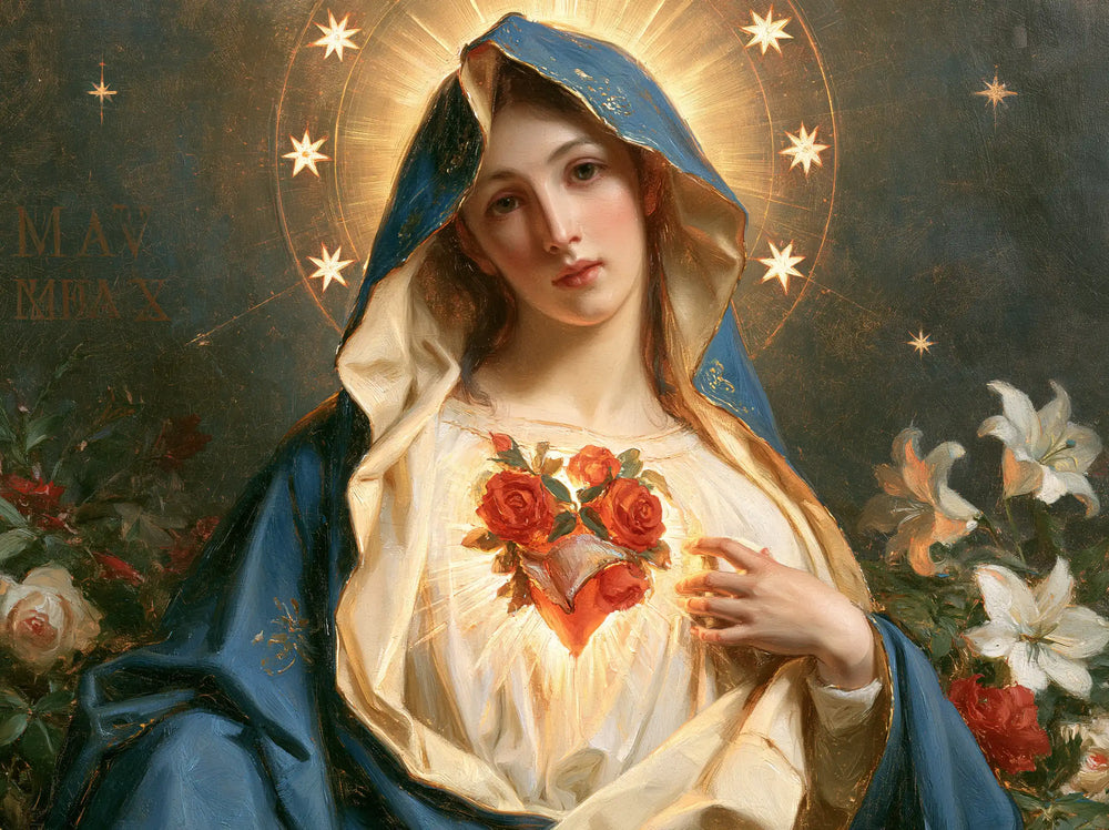 the Immaculate Heart of Mary in a symbolist composition in Symbolist style, landscape Christian artwork no. 12