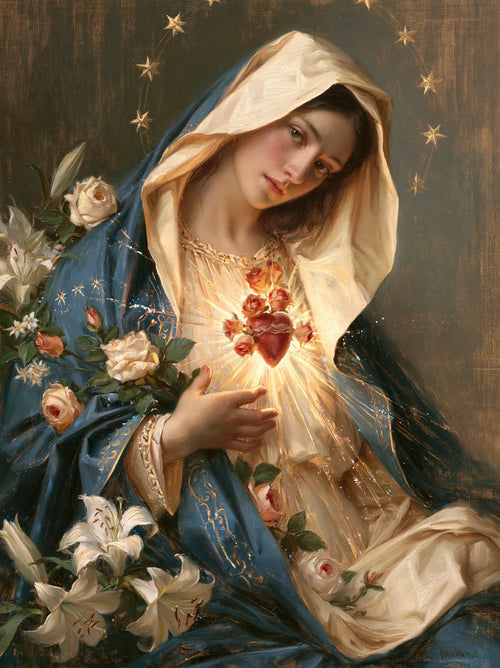 the Immaculate Heart of Mary in a symbolist composition in Symbolist style, portrait Christian artwork no. 15