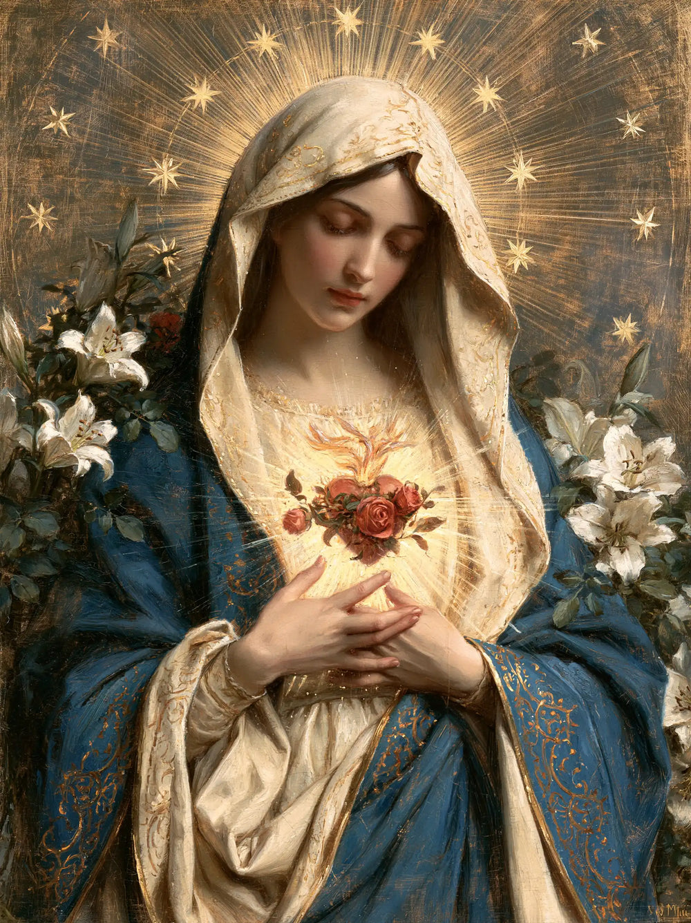 the Immaculate Heart of Mary in a symbolist composition in Symbolist style, portrait Christian artwork no. 19