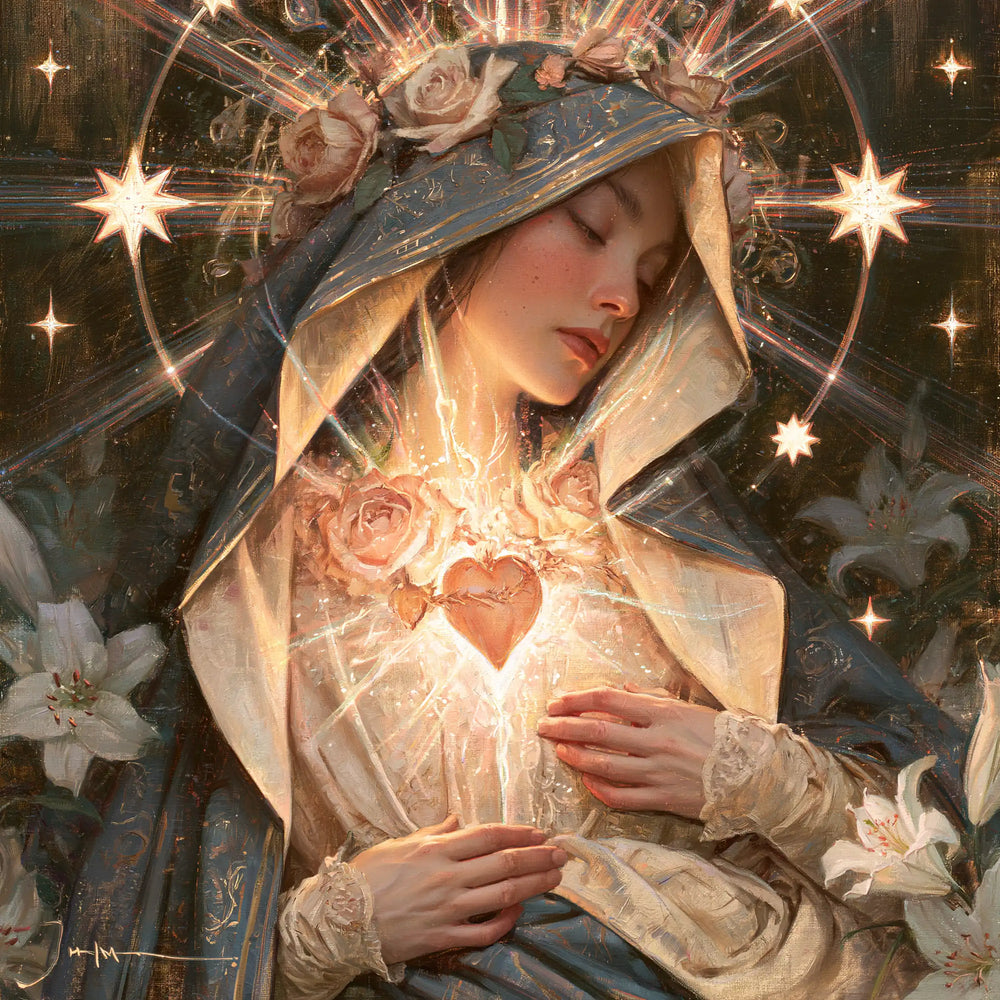 the Immaculate Heart of Mary in a symbolist composition in Symbolist style, square Christian artwork no. 3