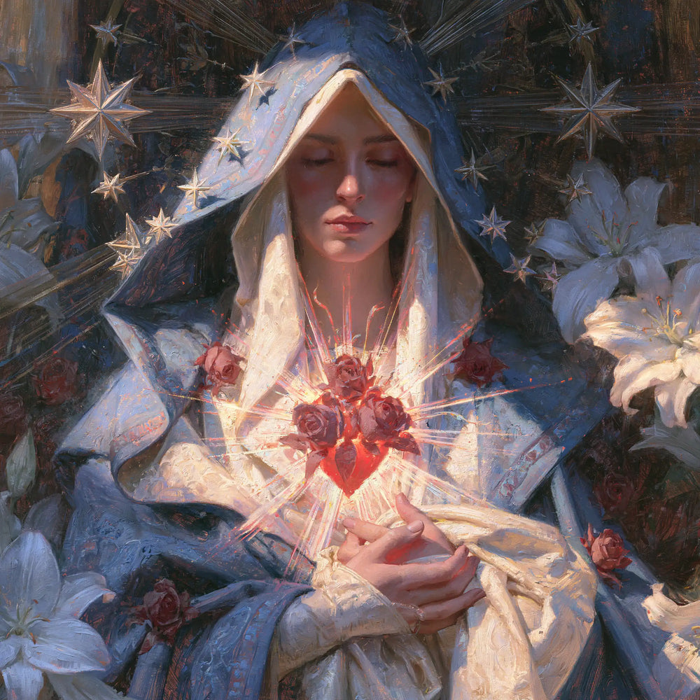 the Immaculate Heart of Mary in a symbolist composition in Symbolist style, square Christian artwork no. 9