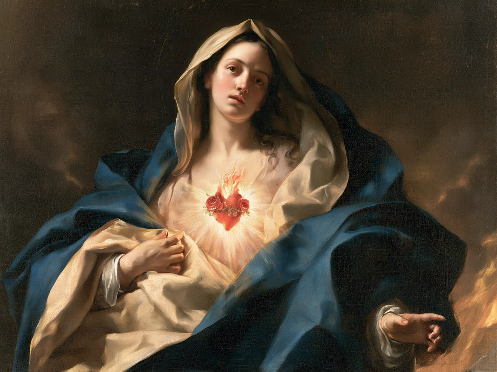 the Immaculate Heart of Mary in a theatrical Baroque scene in Theatrical Baroque style, landscape Christian artwork no. 8