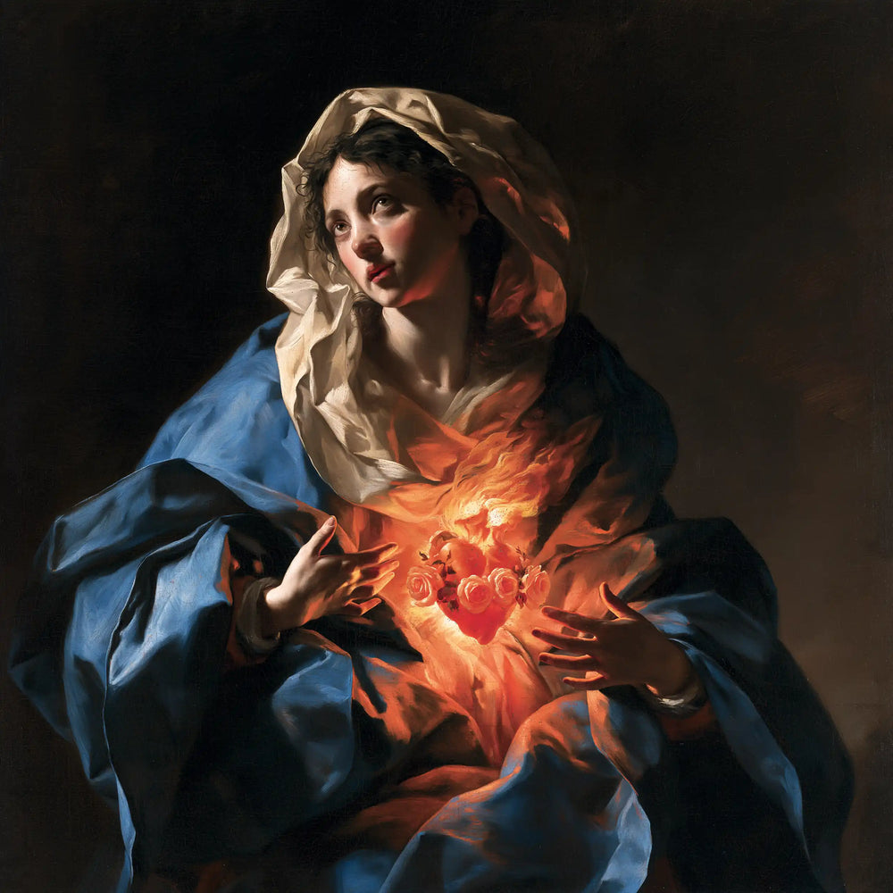 the Immaculate Heart of Mary in a theatrical Baroque scene in Theatrical Baroque style, square Christian artwork no. 8