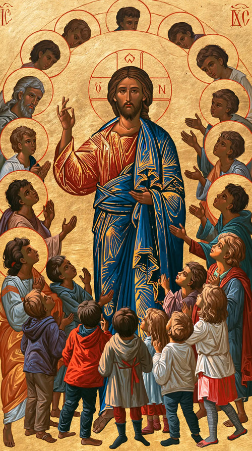 Jesus and the children in a contemporary Byzantine icon in Contemporary Byzantine style, portrait Christian artwork no. 1