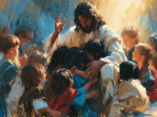 Jesus surrounded by children in an expressionist composition in Expressionist style, landscape Christian artwork no. 15