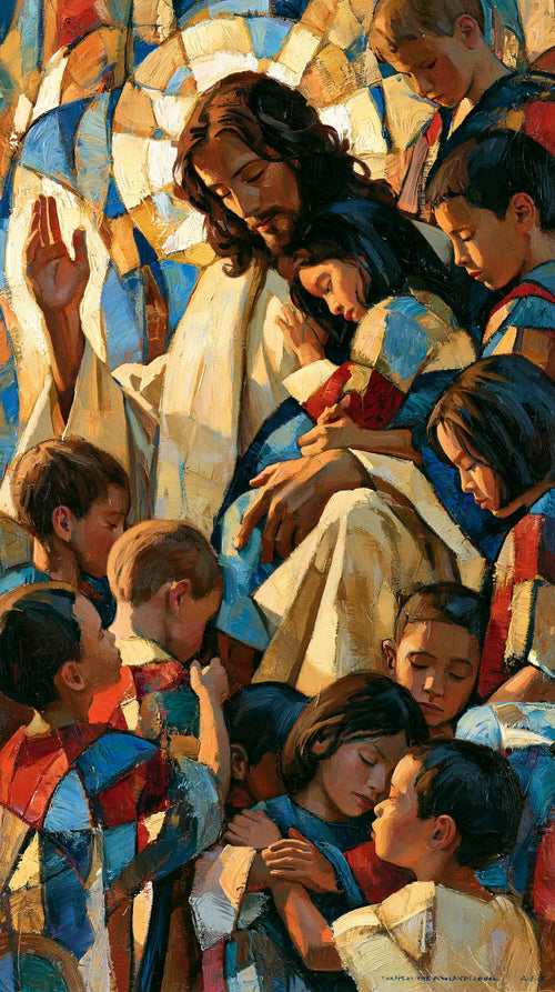 Jesus surrounded by children in an expressionist composition in Expressionist style, portrait Christian artwork no. 2