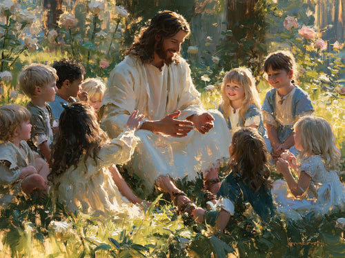 Jesus with children in an impressionist atmosphere in Impressionist style, landscape Christian artwork no. 2